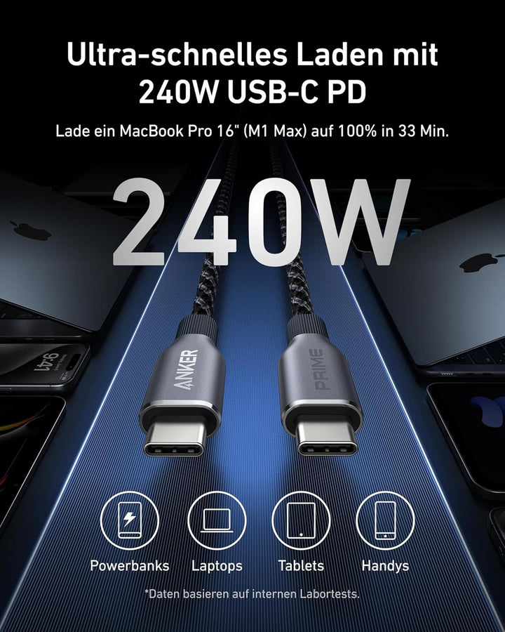 Anker Prime USB C auf USB C Kabel, 240W 90cm Schnellladekabel USB C, Upcycled Nylon im Flecht-Design