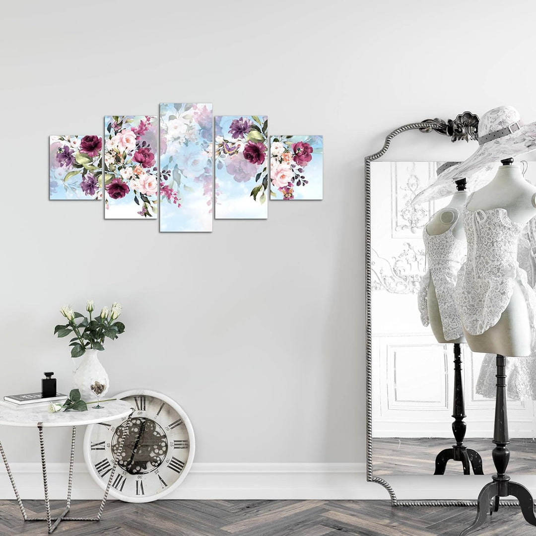 Runa Art Wandbilder Blumen 5 Teilig Bild auf Vlies Leinwand Deko Wohnzimmer Blumenbild Blau Bunt 026