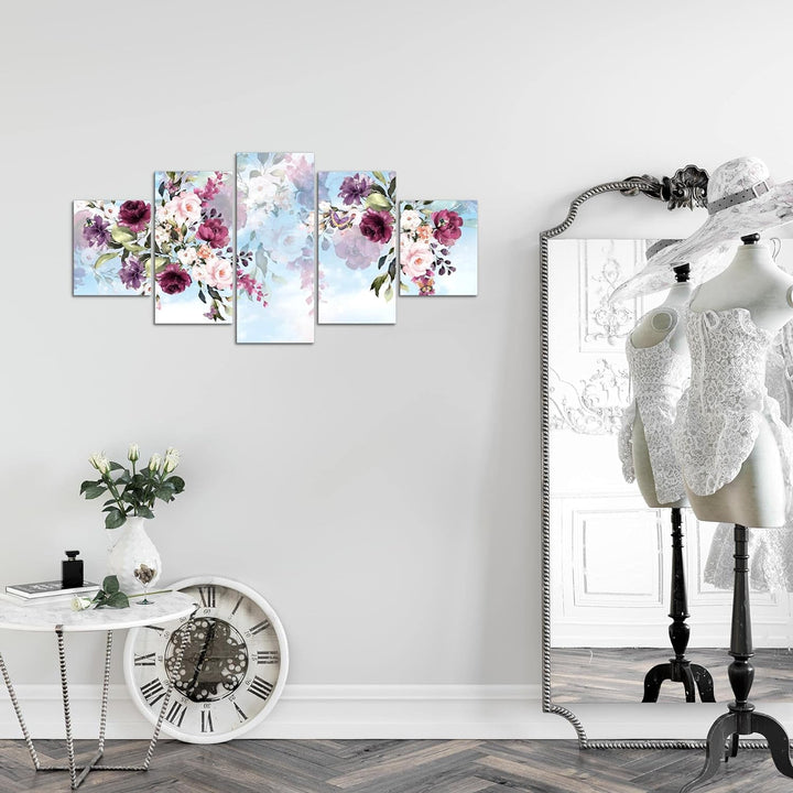 Runa Art Wandbilder Blumen 5 Teilig Bild auf Vlies Leinwand Deko Wohnzimmer Blumenbild Blau Bunt 026