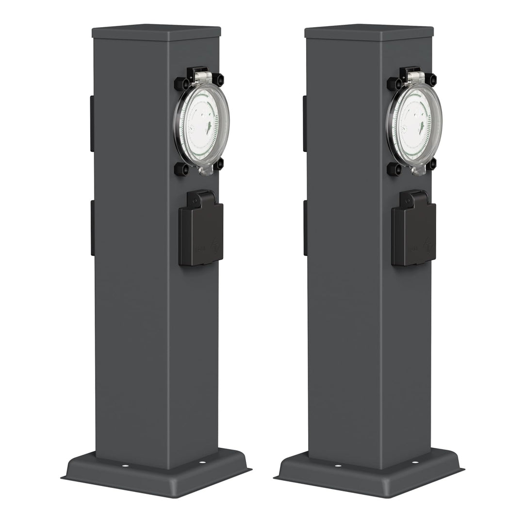 ledscom.de 2X Garten Steckdosensäule Polly für aussen, IP44, Timer/Zeitschaltuhr, 3-Fach, anthrazit,