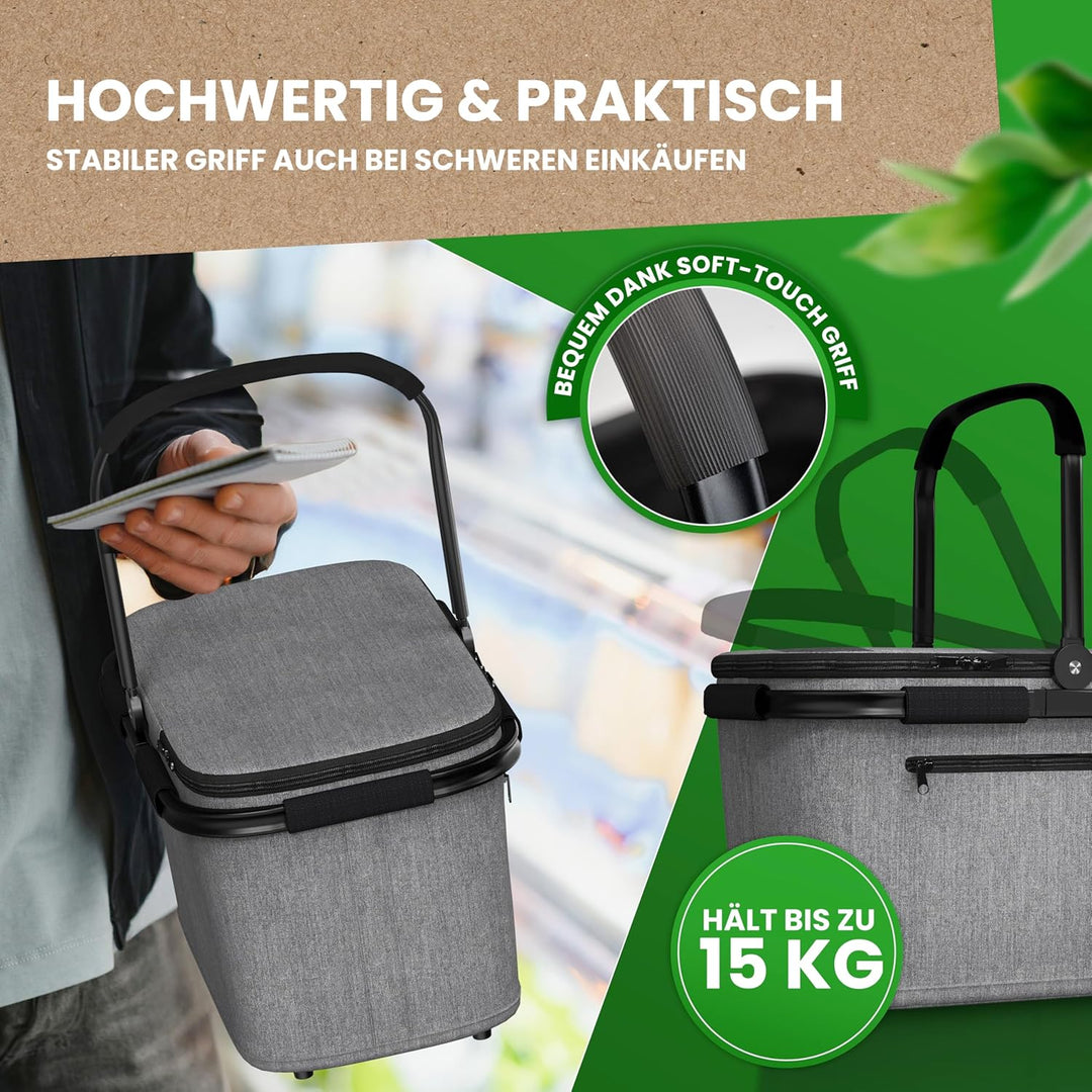 Thermo Einkaufskorb Kühltasche gross | isolierter Einkaufskorb mit Deckel, verstärktem Boden, Frontf
