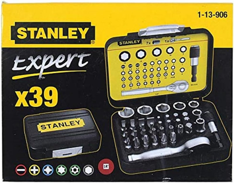 Stanley 1/4" Bit-Satz 1-13-906 (25mm, 39-teilig Set mit Mini-Umschaltknarre und Steckschlüsseln) 1 S