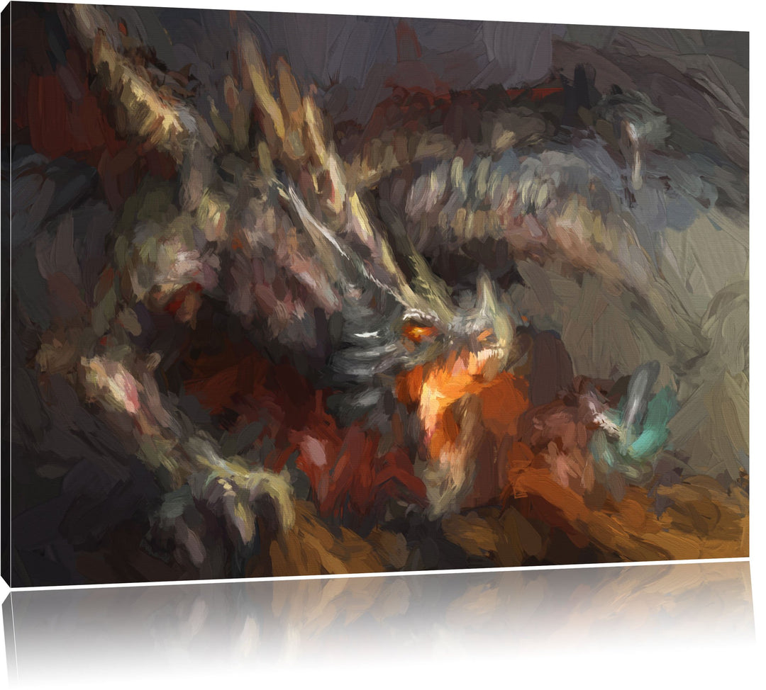 Pixxprint Kampf zwischen Mensch und Drache Pinsel Effekt, Format: 100x70 auf Leinwand, XXL riesige B