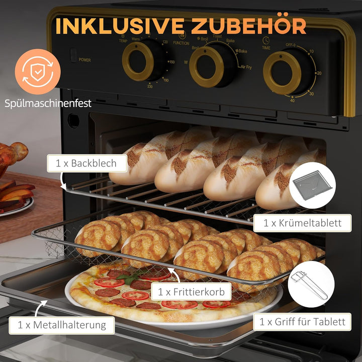 HOMCOM Minibackofen 20L, 5 in 1 Pizza-Ofen inkl. Backblech Set, Frittierkorb, Krümelblech, 1 Std. Ti