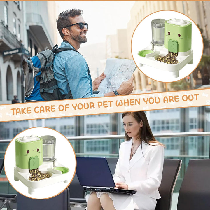 Wasserspender Futterspender für Katze und Hund, 2-In-1 Automatischer Trockenfutterspender, Automátic