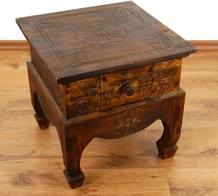 livasia Opiumtisch mit Schublade, Beistelltisch, Couchtisch, Nachttisch, Holztisch aus Bali, Handarb