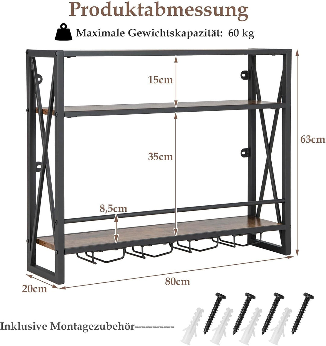 COSTWAY 3 Ebenen Weinregal Wand, Flaschenregal Holz mit Metallrahmen, mit 4 Reihen Weingläserhalter,