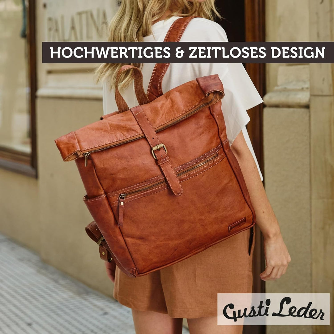 Gusti Leder Rucksack für Damen & Herren - Milo - Rolltop Rucksack Leder Damen & Herren, Lederrucksac