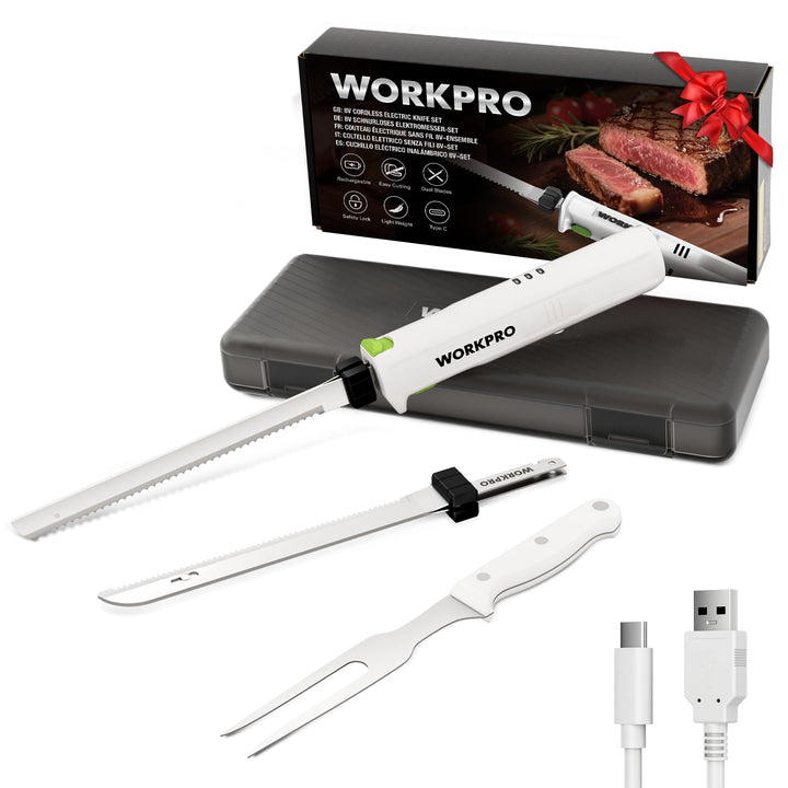 WORKPRO Elektromesser 8V, Kabelloses Küchenmesser mit 2 Edelstahlklingen, Elektrisches Messer mit Ga