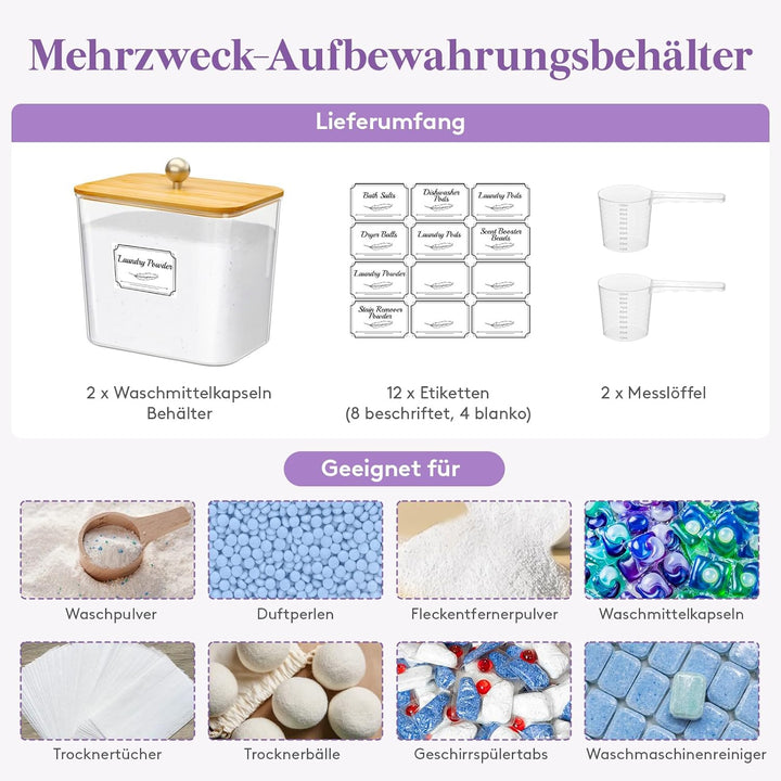 Lifewit 2 Stück Wäsche Pods Behälter mit Etiketten und Löffeln, Waschpulver Aufbewahrungsbox mit Bam