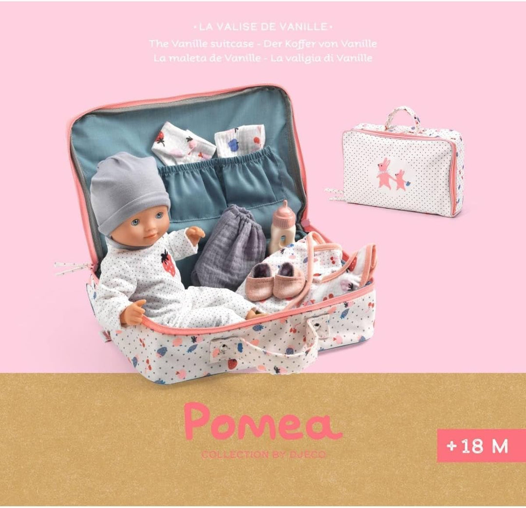Djeco Puppe Vanille im Koffer | POMEA Babypuppe 32 cm mit Zubehör, weicher Körper, Schlafaugen, Klei