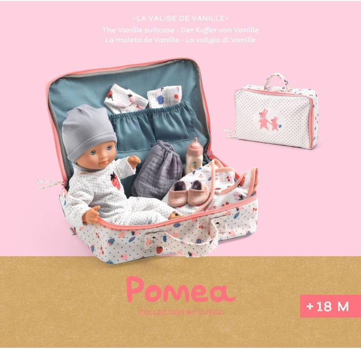 Djeco Puppe Vanille im Koffer | POMEA Babypuppe 32 cm mit Zubehör, weicher Körper, Schlafaugen, Klei