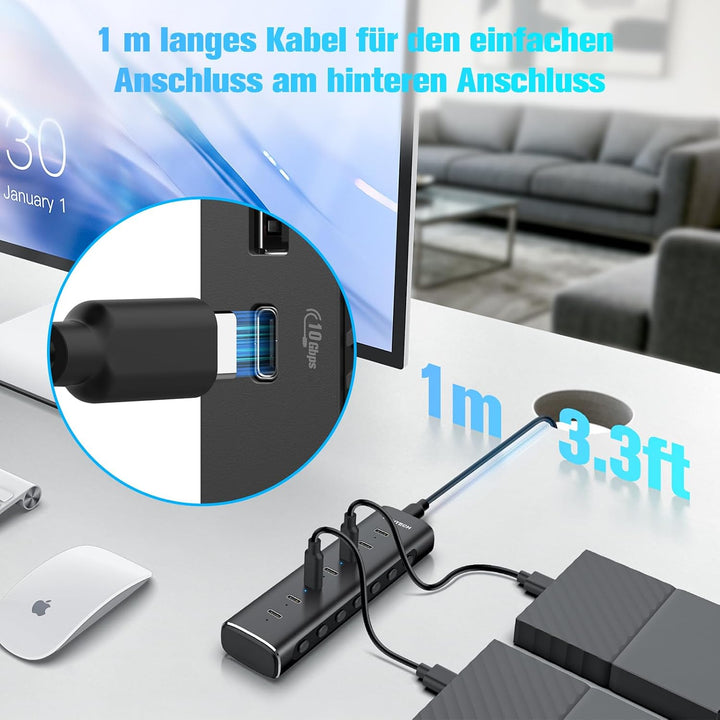 RSHTECH Alle 7 Anschlüsse sind USB-C Hub 3.2 mit Netzteil - Aktiver Verteiler 3.1 - Aktiv Schaltbaer