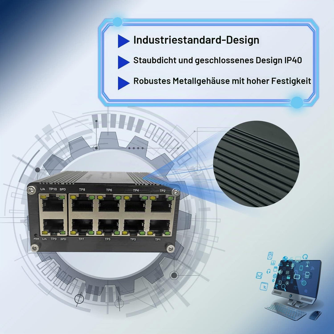 Gehärteter industrieller Gigabit-Ethernet-Switch, 10-Port, 10/100/1000T, RJ45, mit Auto-MDI/MDI-X-Fu