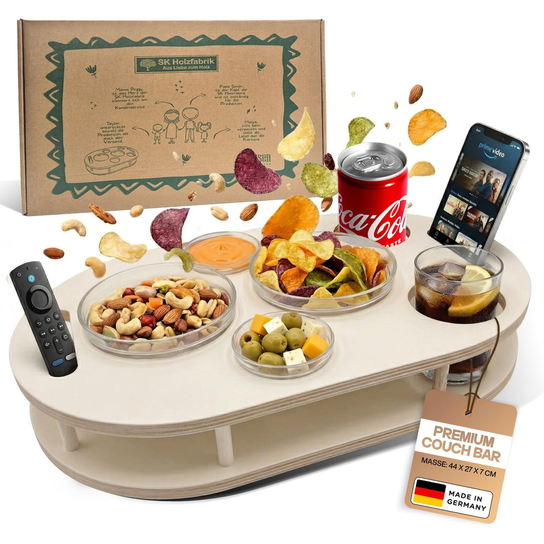 Couchbar Snackbox in weiss mit 4 Glasschalen - Sofabar für Snacks und Getränke - Getränkehalter für