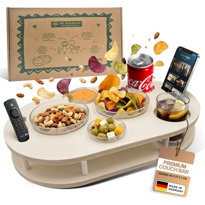 Couchbar Snackbox in weiss mit 4 Glasschalen - Sofabar für Snacks und Getränke - Getränkehalter für
