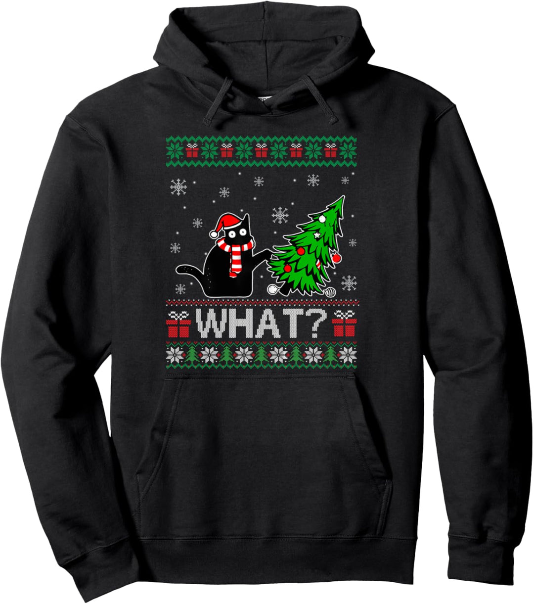 Cat What Lustige schwarze Katze, die Weihnachtsbaum schiebt, hässliches Weihnachten Pullover Hoodie