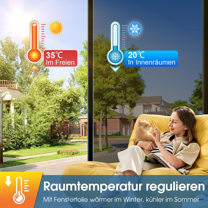 Lifetree Fensterfolie Spiegelfolie Wärmereflektion Selbstklebend Sonnenschutzfolie Wärmegrad Kontrol