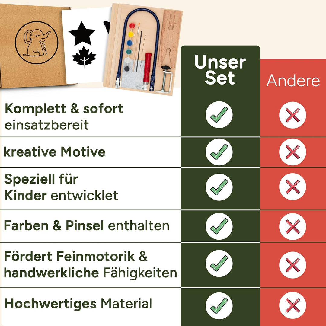 Eli® Laubsäge für Kinder inkl. 14 Sperrholzplatten - Komplett Set für Laubsägen inkl kreative Vorlag