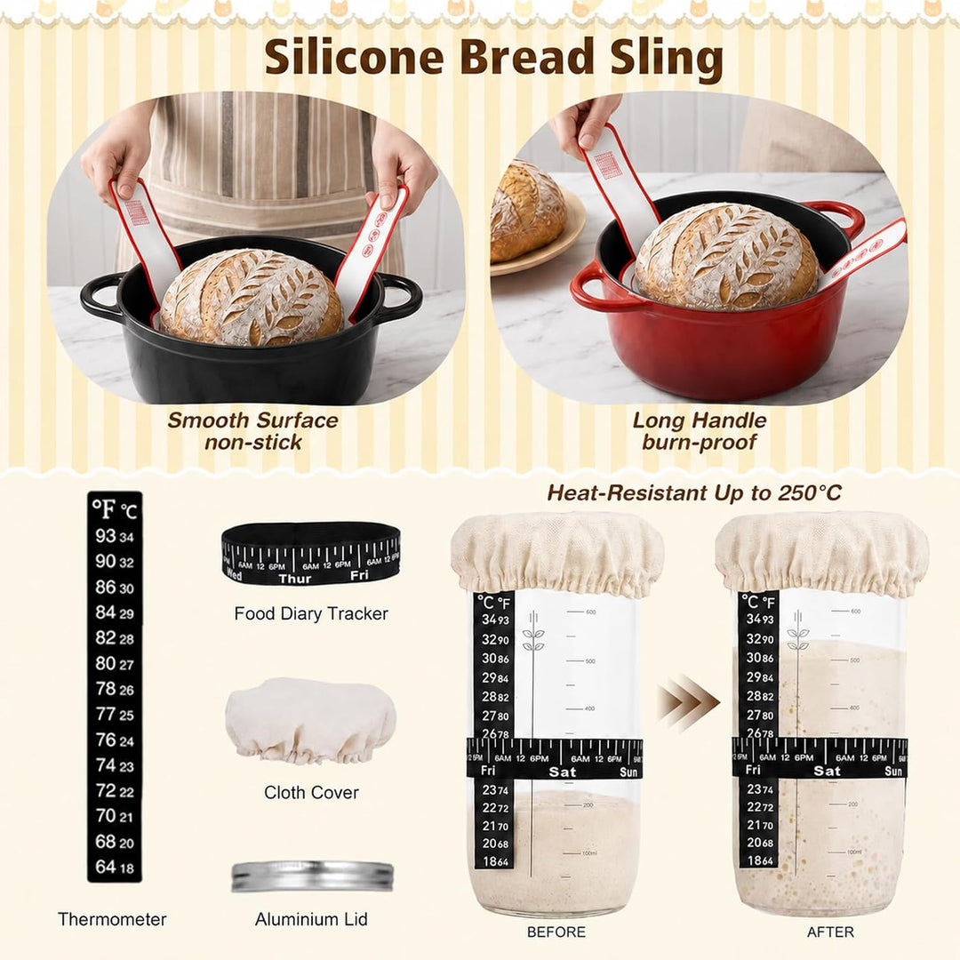 Sauerteig Starter Set Komplett Gärkörbchen Rund &amp; Oval aus Rattan | Teigbesen &amp; Schaber, Starterglas