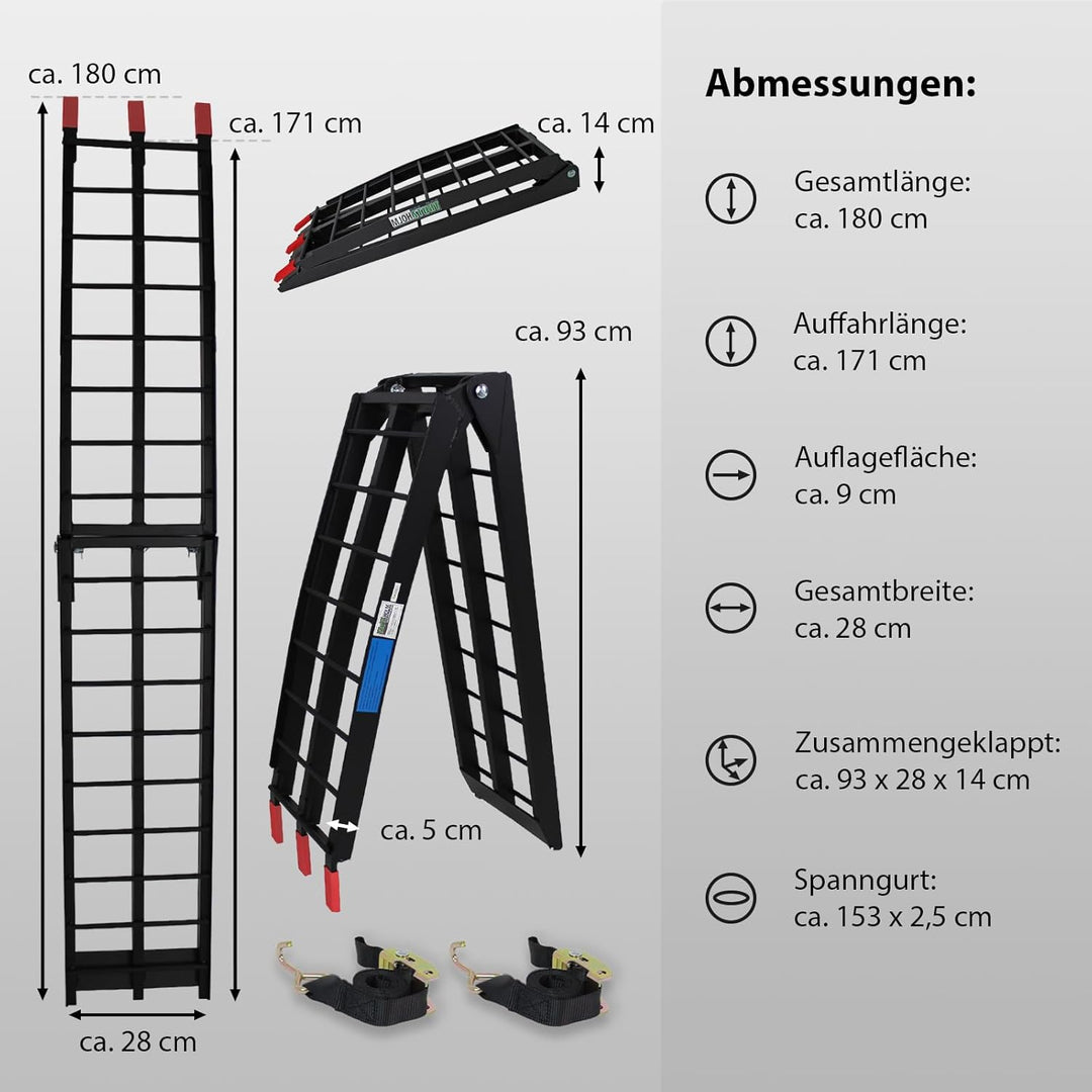 TRUTZHOLM 2 x Auffahrrampe klappbar 180 cm Traglast 680 kg Alu geriffelte Einzelstäbe Verladerampe (