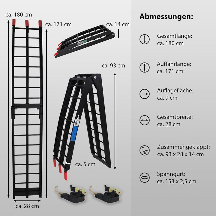 TRUTZHOLM 2 x Auffahrrampe klappbar 180 cm Traglast 680 kg Alu geriffelte Einzelstäbe Verladerampe (