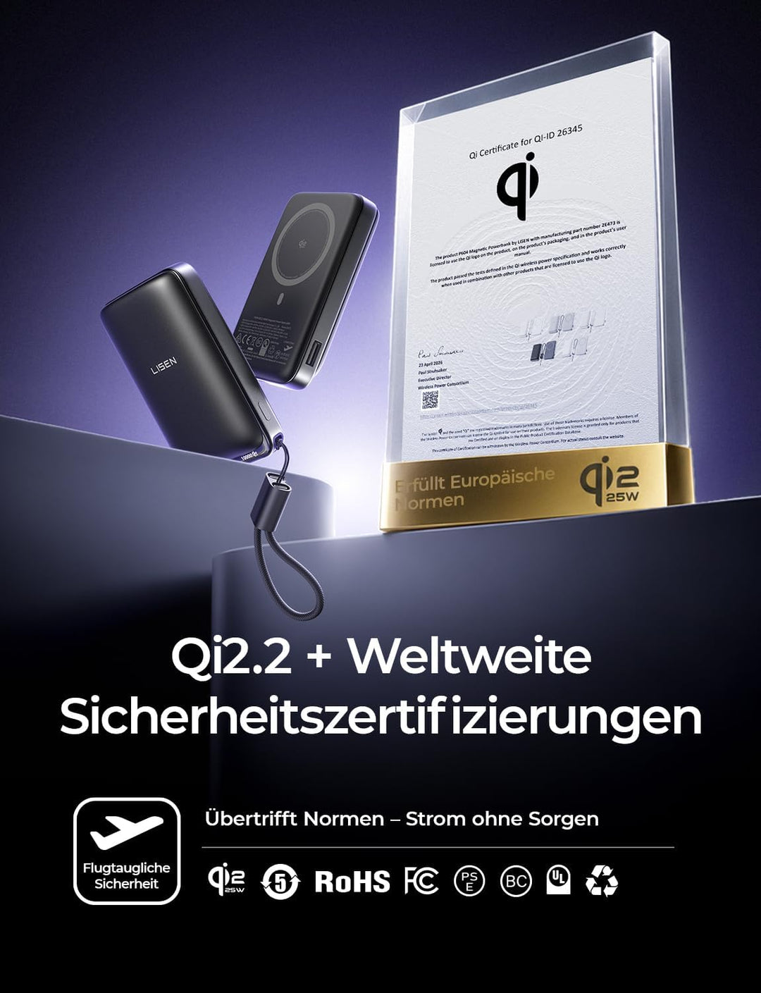 LISEN Qi2.2 25W MagSafe Powerbank, Power Bank 45W PD Schnellladen &amp;10000mah Flugzulassung, Robuster