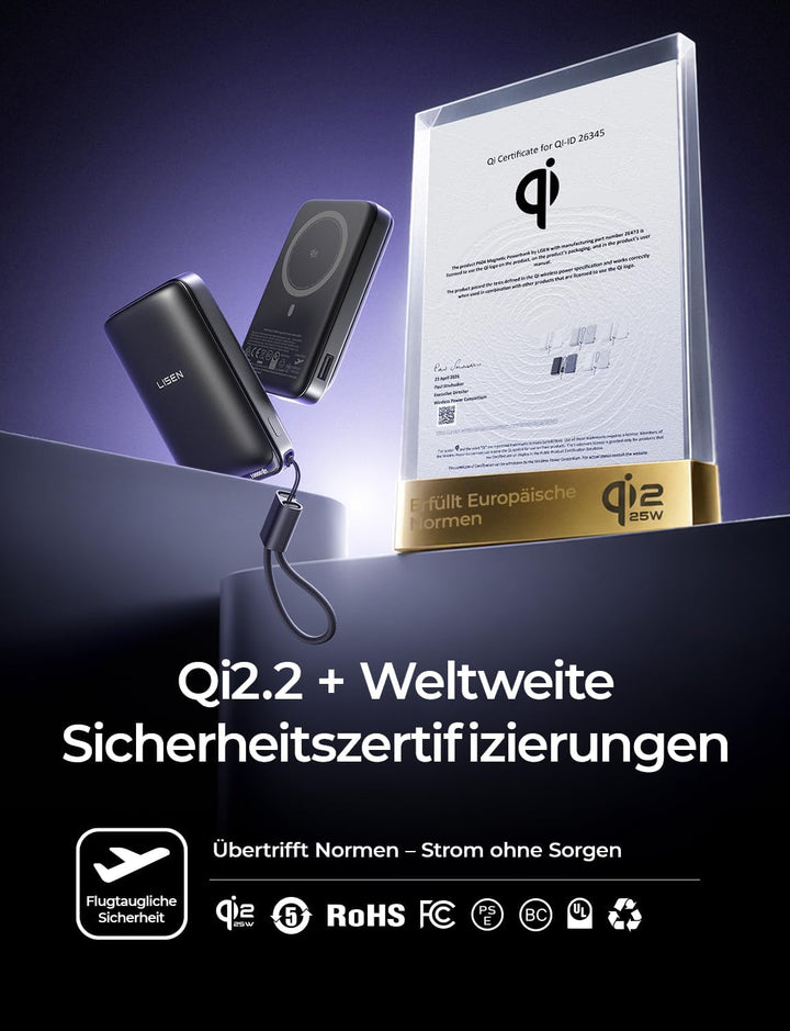 LISEN Qi2.2 25W MagSafe Powerbank, Power Bank 45W PD Schnellladen &amp;10000mah Flugzulassung, Robuster