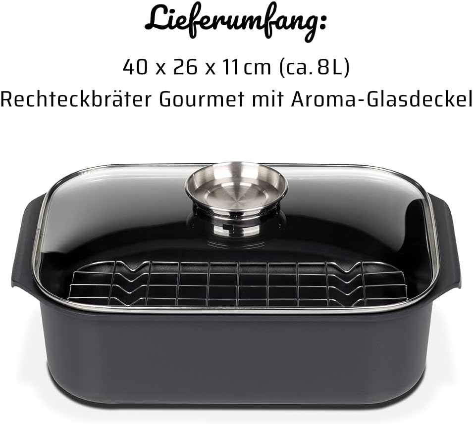 GSW Rechteckbräter Gourmet mit Aroma-Glasdeckel und Grilleinsatz, Aluguss, Schwarz, ø ca. 40 x 26 x