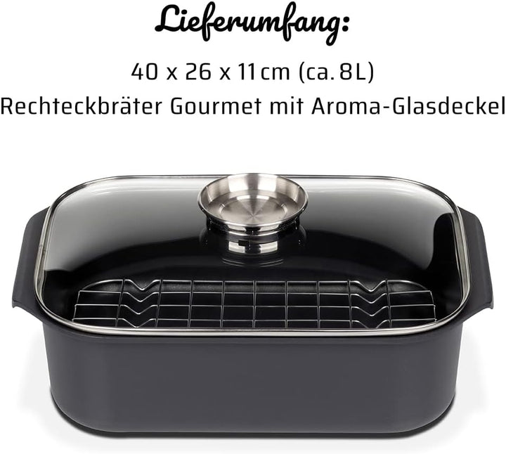 GSW Rechteckbräter Gourmet mit Aroma-Glasdeckel und Grilleinsatz, Aluguss, Schwarz, ø ca. 40 x 26 x