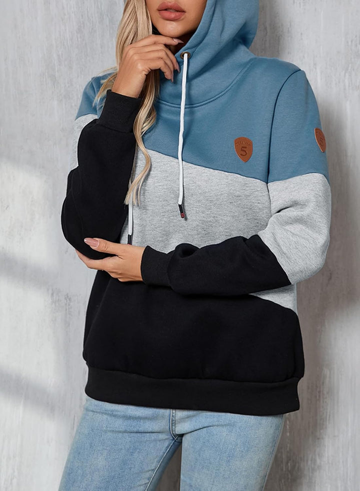 Damen Kapuzenpullover Stehkragen Hoodie Pullover Farbblock Sweatshirt Langarmshirt Oberteile für Her