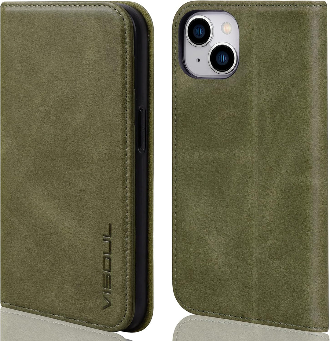 VISOUL iPhone 14 Plus Hülle, Stossfeste Handyhülle [Erstklassiges Rindsleder], TPU Schutzhülle [Kart