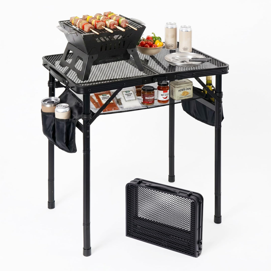 Campingtisch Klappbarer 60×40cm 3-Fach Höhenverstellbarer Grilltisch mit Metallgitter-Tischplatte un