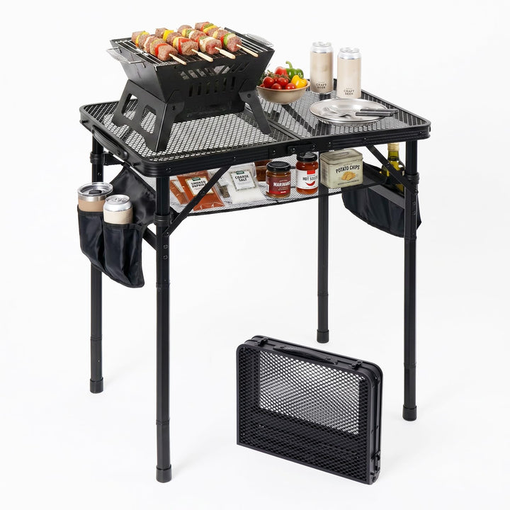 Campingtisch Klappbarer 60×40cm 3-Fach Höhenverstellbarer Grilltisch mit Metallgitter-Tischplatte un