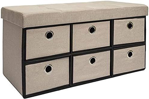 DuneDesign Faltbare Sitzbank 76x38x38cm inkl. 6 Schubladen Sitztruhe 80L Polsterbank Ottomane Leinen