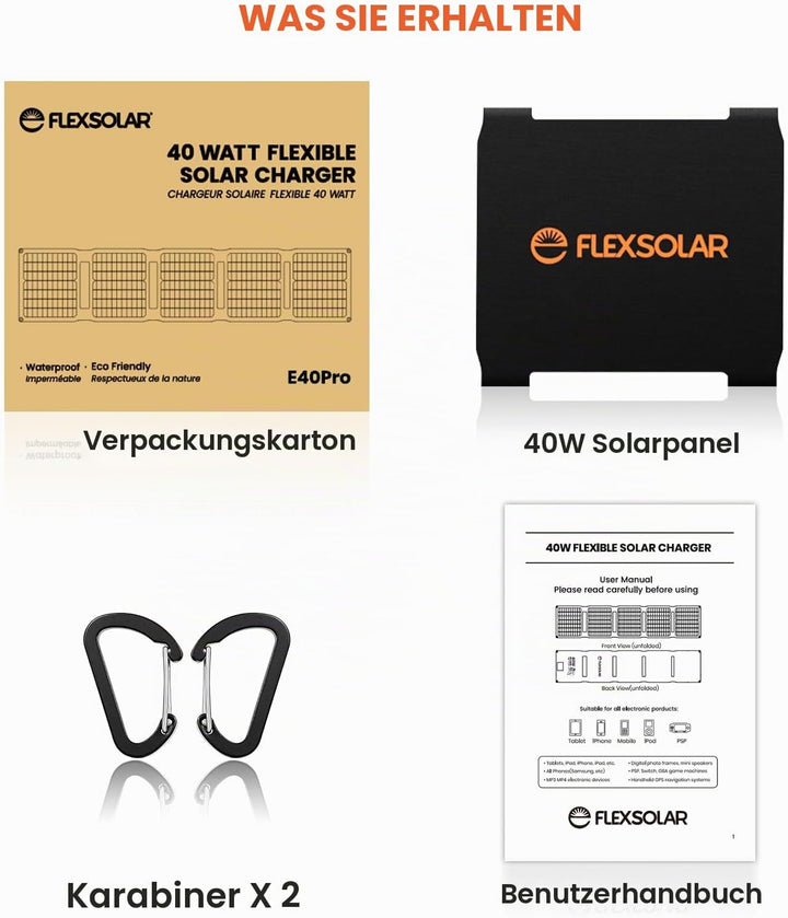 FlexSolar Solarpanel 40W, Solarladegerät verbesserte PD2.0 USB-C, QC3.0 USB-A und DC-Solarpanel IP67