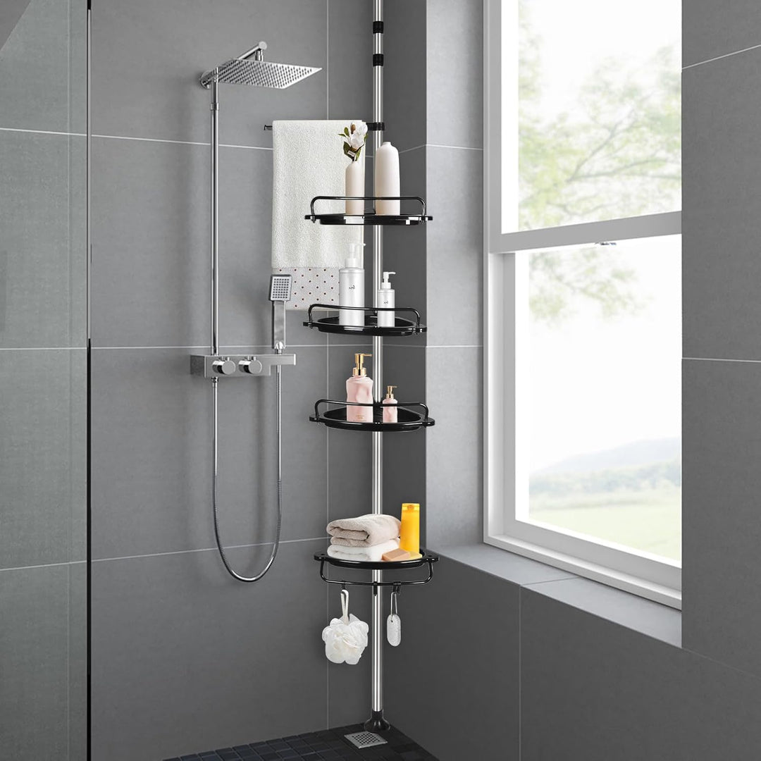 Duschregal Teleskop 105–310 cm, Duschablage ohne Bohren mit 4 Ablagen, Höhenverstellbares Badregal a