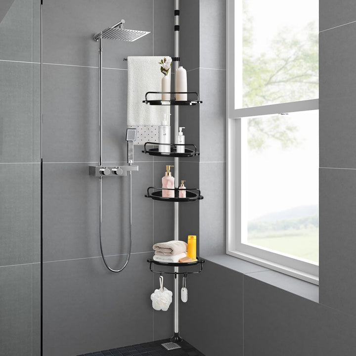 Duschregal Teleskop 105–310 cm, Duschablage ohne Bohren mit 4 Ablagen, Höhenverstellbares Badregal a