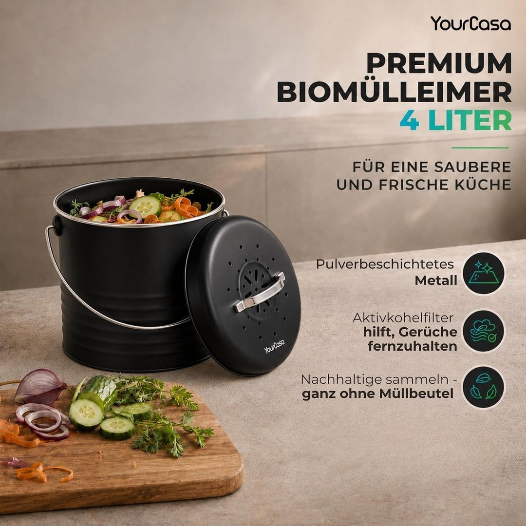 YourCasa Biomülleimer Küche 4L aus Metall [Kora] - geruchsdichter Bio Mülleimer mit Deckel &amp; Aktivko