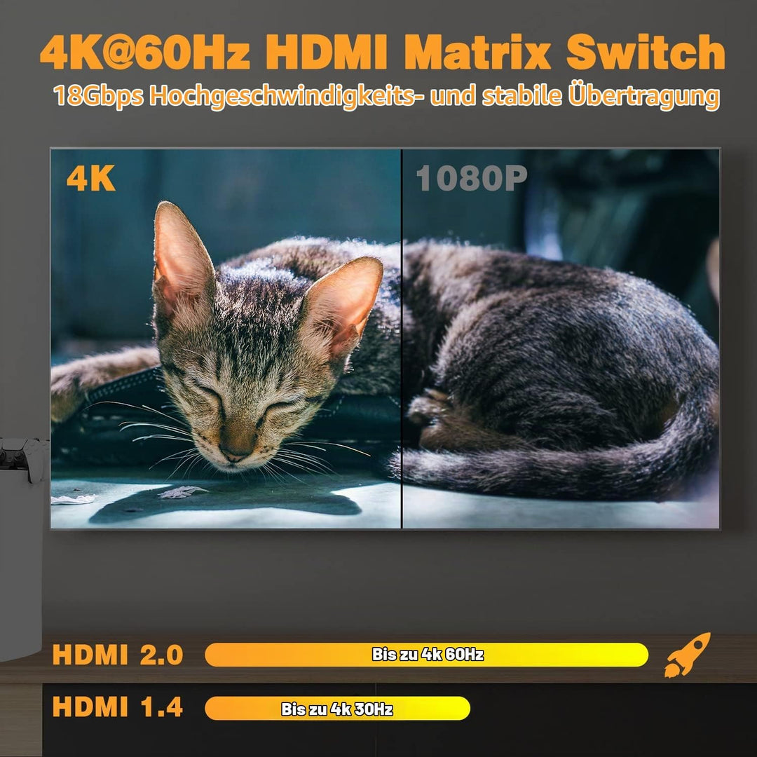 HDMI Matrix 4x2 - Tendak 4 In 2 Out HDMI Switch Matrix 4K@60Hz HDMI Splitter Umschalter + Optisch SP