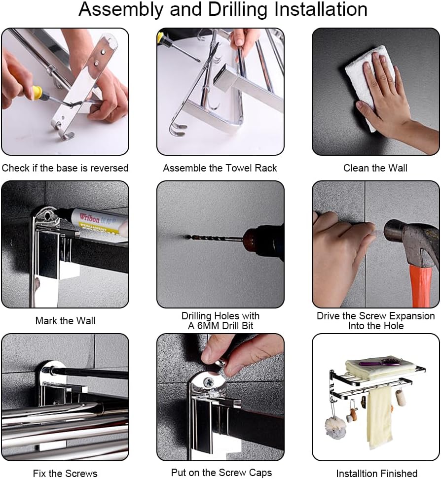 Handtuchhalter, Wandmontage, 2-stufig, klappbar, Badetuchhaken mit Aktivität, 5 Haken, Edelstahl SUS
