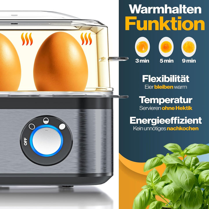 KESSER® Eierkocher für 1 bis 8 Eier elektrisch aus Edelstahl 500W & Warmhaltefunktion | LED-Drehscha