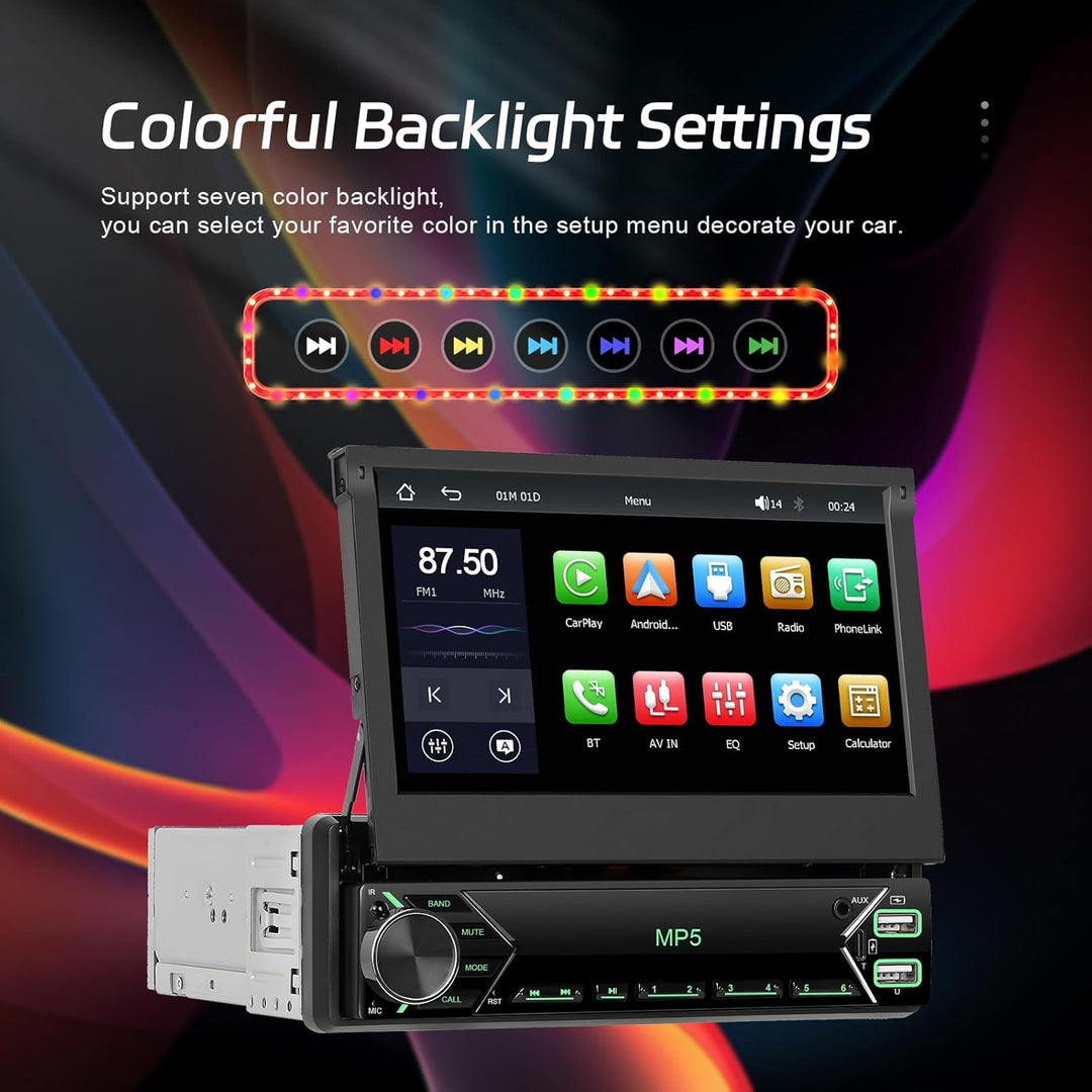 CAMECHO Upgrade Wireless 1 DIN Carplay Android Auto,7 Zoll Motorisiertem Bildschirm Autoradio mit Bl