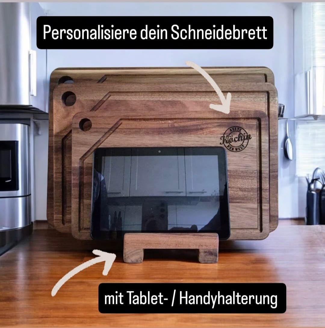 Hochwertiges 3er Schneidebrett Set - PERSONALISIERBAR - Küchenbrett mit Saftrille aus Holz mit prakt
