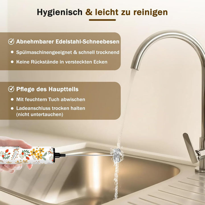 Milchschäumer Elektrisch USB-C mit 5 Wechselbaren Edelstahl-Schneebesen–2 Einstellbare Geschwindigke