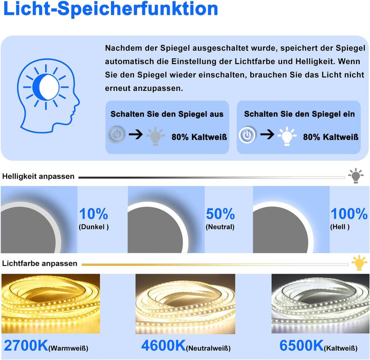 Aica Sanitär Runder LED Badspiegel Rund 80cm 3 Lichfarbe dimmbar Memory Wand/Touchschalter Anti-Besc