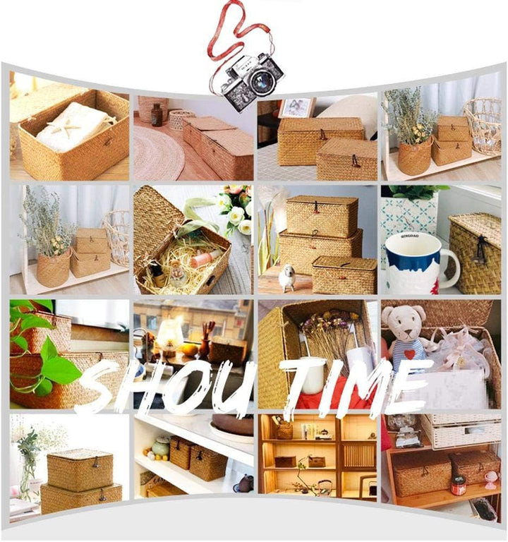 YSGLIFE Set mit 3 Seegras Gewebt Rattan Rechteckiger Ablagekorb Aufbewahrungsbox mit Deckel Mehrzwec