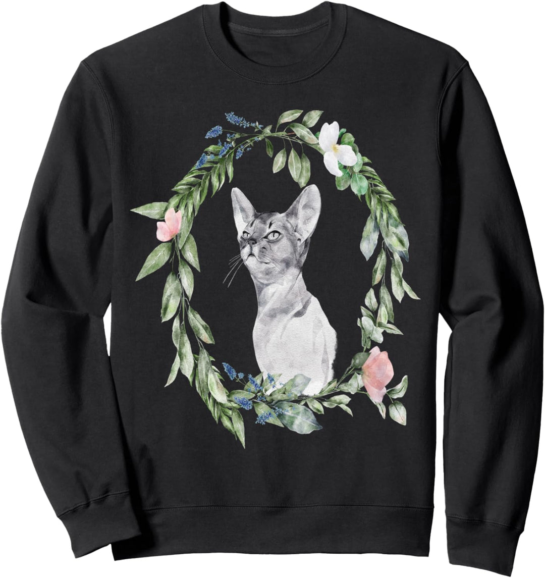 Katze Geschenk Blumenrahmen Aquarell Schwarz Sweatshirt