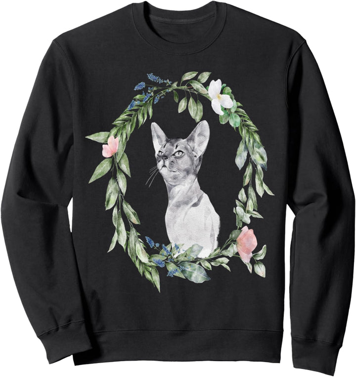 Katze Geschenk Blumenrahmen Aquarell Schwarz Sweatshirt