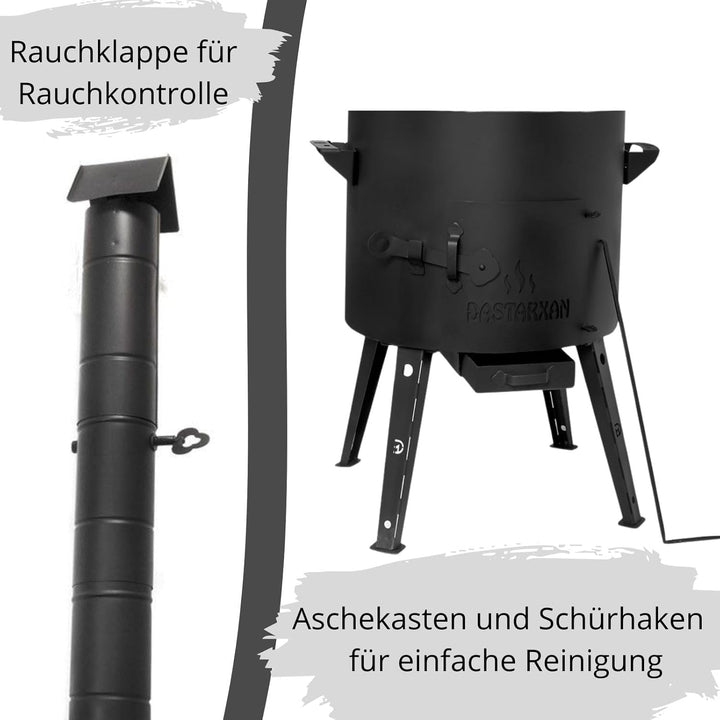 Premium Gusseisen Kazan Set 12 L mit Ofen Utschak Feuerofen Ø40 cm Uchag 2mm Stahl mit Abzugsrohr Ka